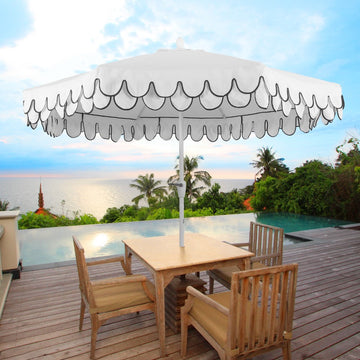 Tracy 9 ft. Classic MidCentury Scalloped Fringe Market Patio Umbrella